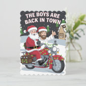 Kerstman Jezus op een motorfiets Grappige Kerstmis Kaart (Staand voorkant)