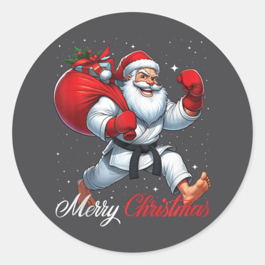 Kerstman Karate Speler Vrolijk Kerstfeest Sneeuw X Ronde Sticker (Voorkant)