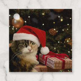 Kerstman Kat bij de Kerstboom Gift Tag Bedankjes Labels
