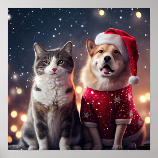 Kerstman kat & hond vrienden poster