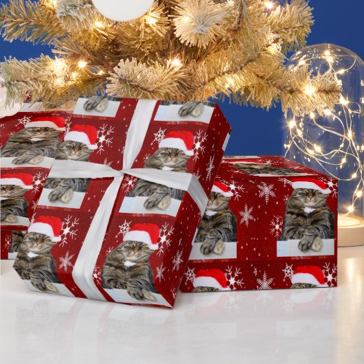 Kerstman Kat Humbug Foto Rode Sneeuwvlok Cadeaupapier (Feestdagen)