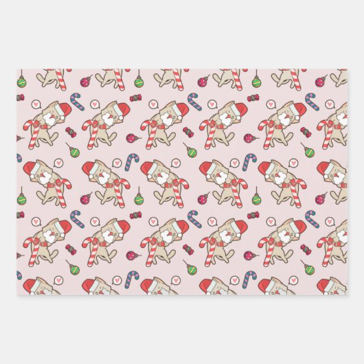 Kerstman Kat Kerstroze Patroon Inpakpapier Vel (Voorkant 3)