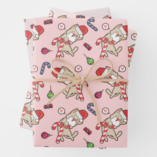Kerstman Kat Kerstroze Patroon Inpakpapier Vel (In situ)