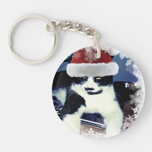 Kerstman Kat met snor Kerstsleutelhanger Sleutelhanger (Voorkant)