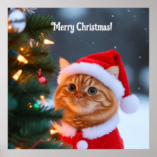Kerstman Kat Naast Kerstboom Poster (Voorkant)