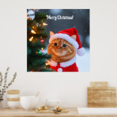 Kerstman Kat Naast Kerstboom Poster (Keuken)
