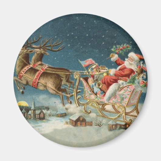 Kerstman Kerst Antique slee rendier Magneet (Voorkant)