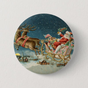 Kerstman Kerst Antique slee rendier Ronde Button 5,7 Cm