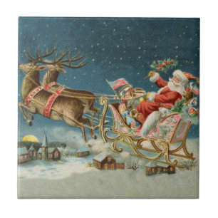 Kerstman Kerst Antique slee rendier Tegeltje