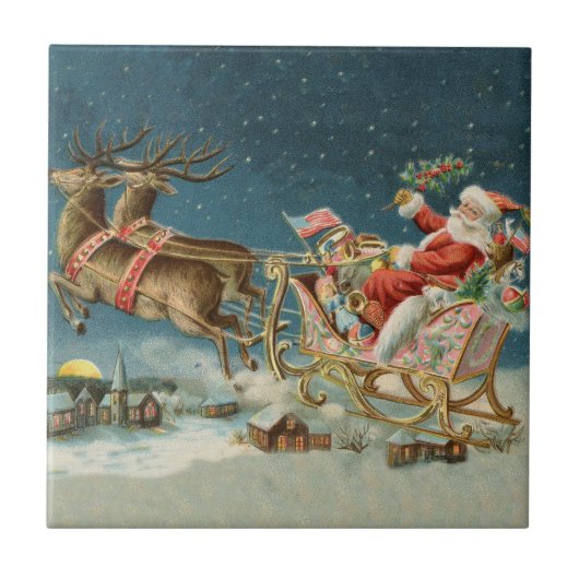 Kerstman Kerst Antique slee rendier Tegeltje (Voorkant)