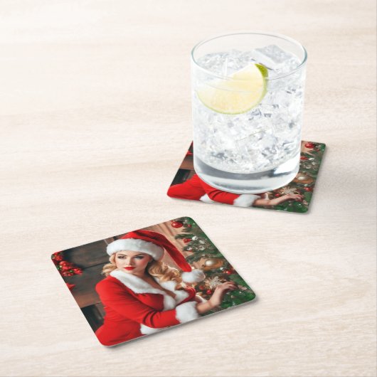Kerstman kerst pinup dame kartonnen onderzetters (Insitu)