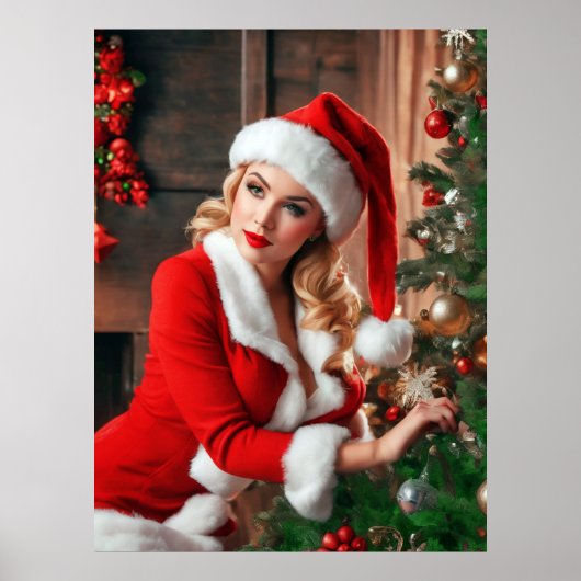 Kerstman kerst pinup dame poster (Voorkant)