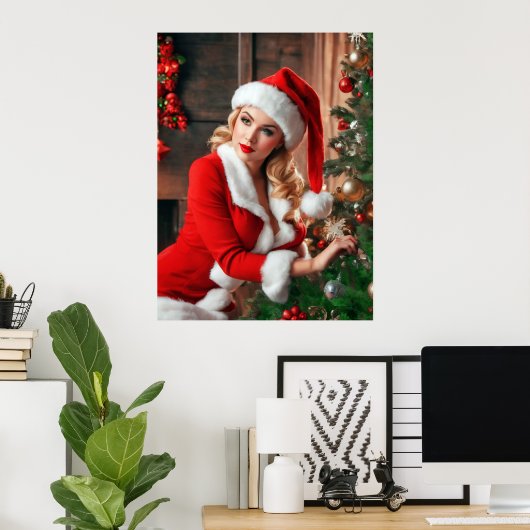 Kerstman kerst pinup dame poster (Thuiskantoor)