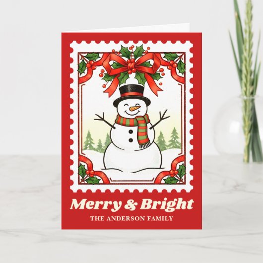 Kerstman Kerst Postzegel Merry & Bright Feestdagen Kaart (Voorkant)