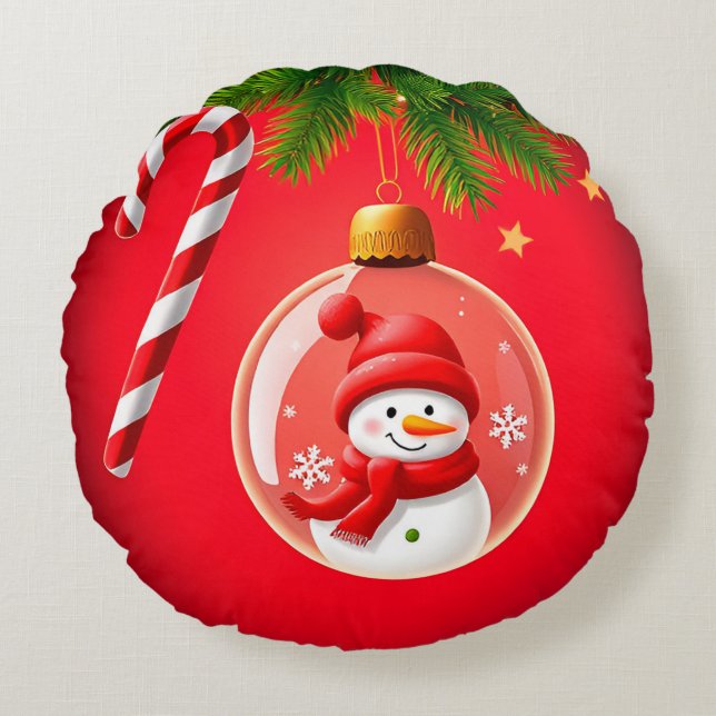 Kerstman Kerstbal Ornament Suikerstokje Rond Kussen (Voorkant)