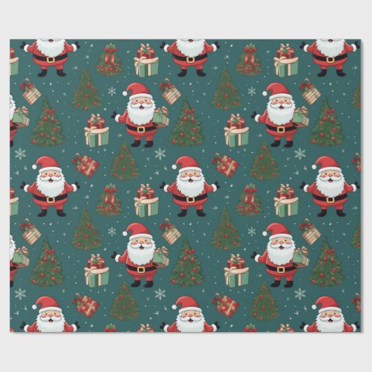 Kerstman Kerstbomen Groene Kerstmis Cadeaupapier (Vlak)