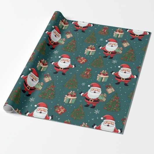 Kerstman Kerstbomen Groene Kerstmis Cadeaupapier (Uitgerold)