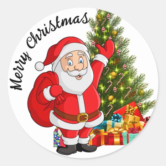 Kerstman Kerstboom & Cadeaus Ronde Sticker (Voorkant)