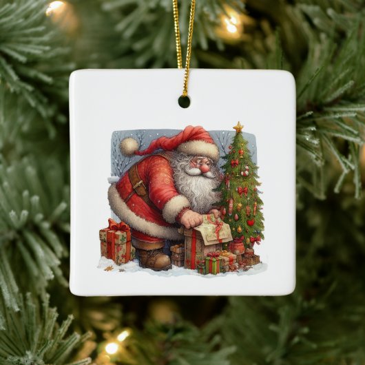 Kerstman, kerstboom en cadeaus Gepersonaliseerd Keramisch Ornament (Boom)