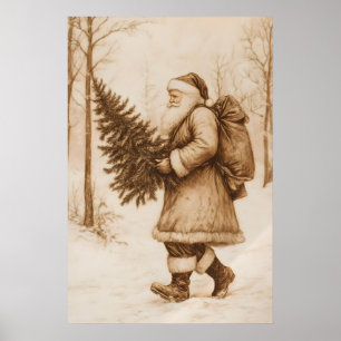 Kerstman Kerstboom Kunstprint Retro Poster