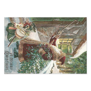 Kerstman Kerstboom Zak met Speelgoed Cottage Foto Afdruk