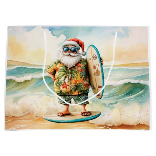 Kerstman Kerstmis in juli aan het strand surfer Groot Cadeauzakje (Voorkant)