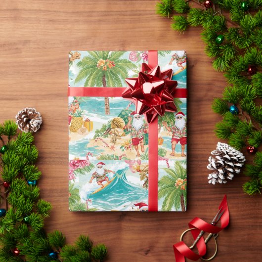 Kerstman Kerstmis in juli bij het strand surfer Cadeaupapier (Feestdagen Geschenken)