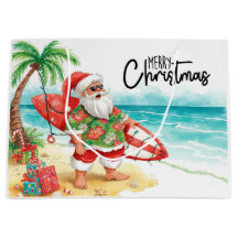 Kerstman Kerstmis in juli op het strand surfer
