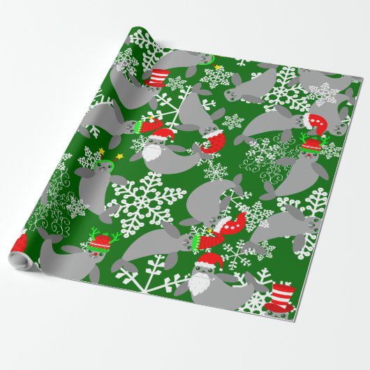 Kerstman Kerstmis Manatee Green Cadeaupapier (Uitgerold)