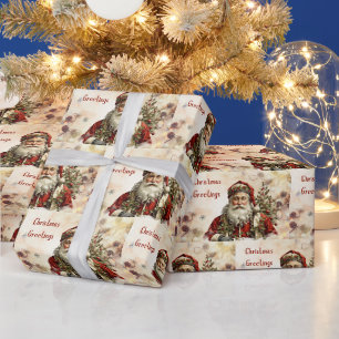 Kerstman Kerstmis met Hulstbessen Vintage Cadeaupapier