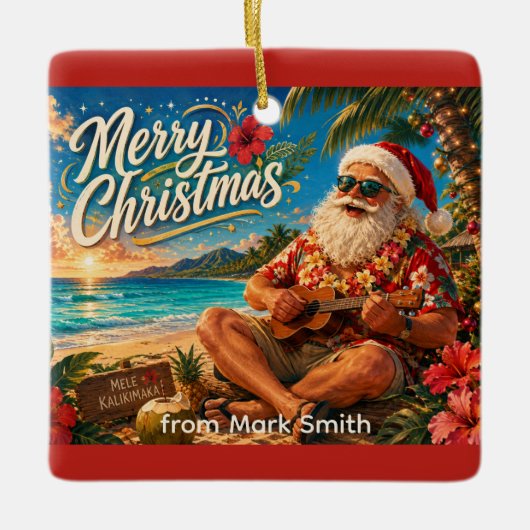 Kerstman Kerstmis ukulele spelend Keramisch Ornament (Voorkant)