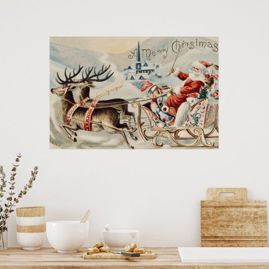  Kerstman Kerstmisslee Rendier Poster (Keuken)