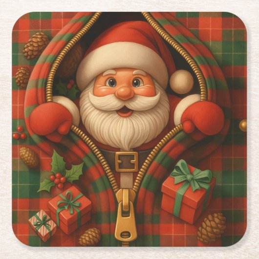 Kerstman kerstontwerp in geruite stof kartonnen onderzetters (Voorkant)