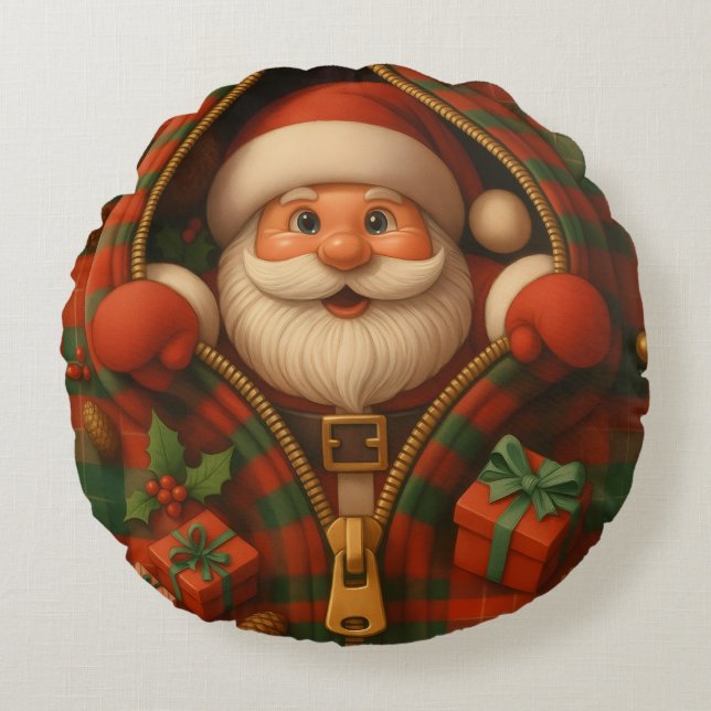 Kerstman kerstontwerp in geruite stof  rond kussen (Voorkant)