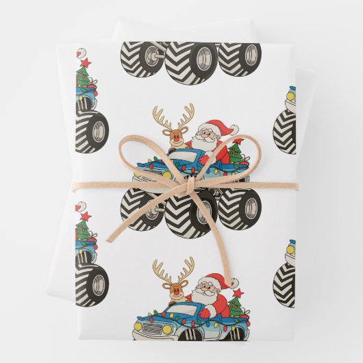 Kerstman Kersttram Monstertruck Rendier Festief Inpakpapier Vel (In situ)
