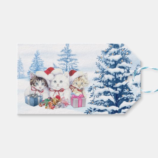 Kerstman kitten, dennen kerst cadeaulabel (Voorkant (Horizontaal))