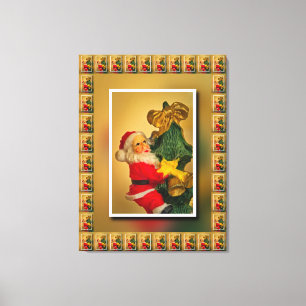 Kerstman klimt op de Kerstboom - Vintage Canvas Afdruk