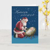 Kerstman knielt voor de ogen van Baby Jesus Kaart (Gele Bloem)