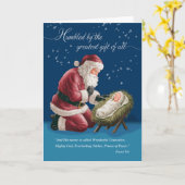 Kerstman knielt voor de ogen van Baby Jesus Kaart (Gele Bloem)