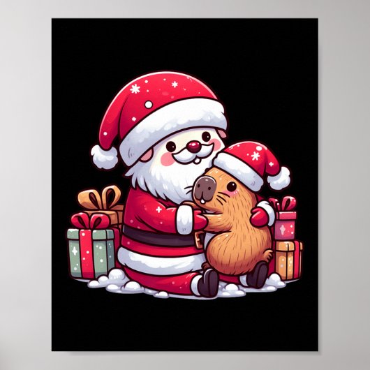 Kerstman knuffelen Schattigee Capibara met S Poster (Voorkant)
