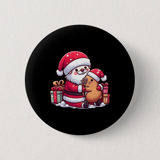 Kerstman knuffelen Schattigee Capibara met S Ronde Button 5,7 Cm (Voorkant)