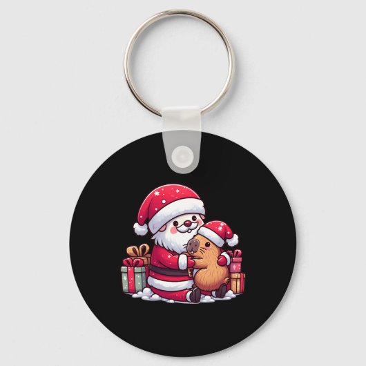 Kerstman knuffelen Schattigee Capibara met S Sleutelhanger (Voorkant)