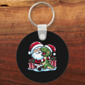 Kerstman knuffelen T Rex dinosaurus in Santa Ha Sleutelhanger (Voorkant)