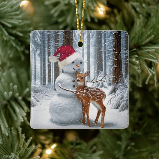 Kerstman knuffelt een fawn keramisch ornament (Boom)