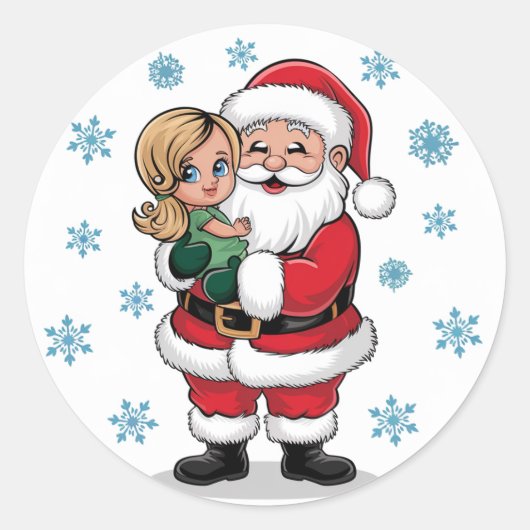 Kerstman knuffelt een meisje met sneeuwvlokken ronde sticker (Voorkant)