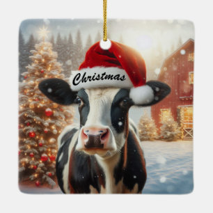 Kerstman Koe met een kerstmuts Keramisch Ornament