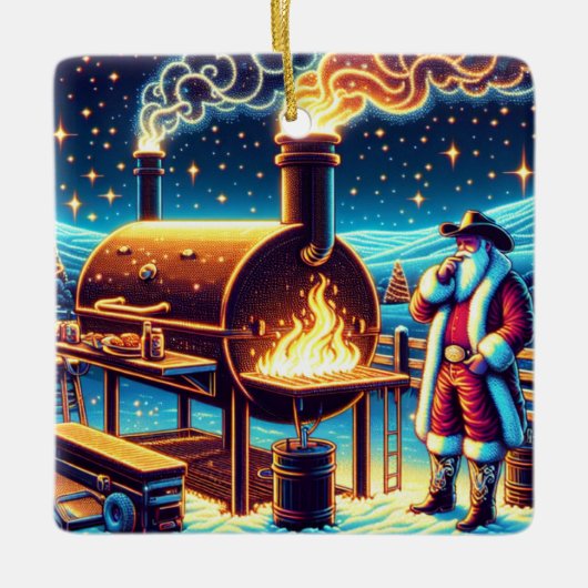 Kerstman koken op de BBQ Pit 3 Kerstmis Keramisch Ornament (Voorkant)