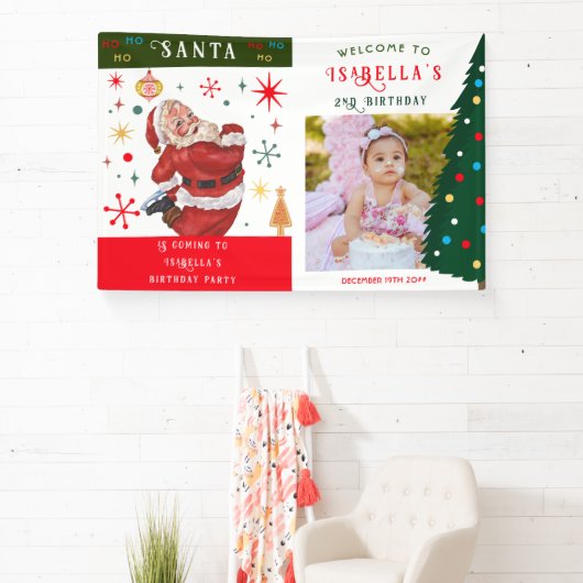 Kerstman komt elke leeftijd Baby Foto 1e Verjaarda Spandoek (Insitu)