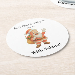 Kerstman komt naar de stad.. Met Salami! Ronde Kartonnen Onderzetter