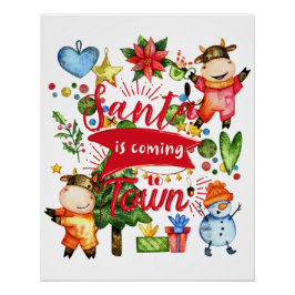 Kerstman komt naar de stad - Schattige koeien kers Perfect Poster